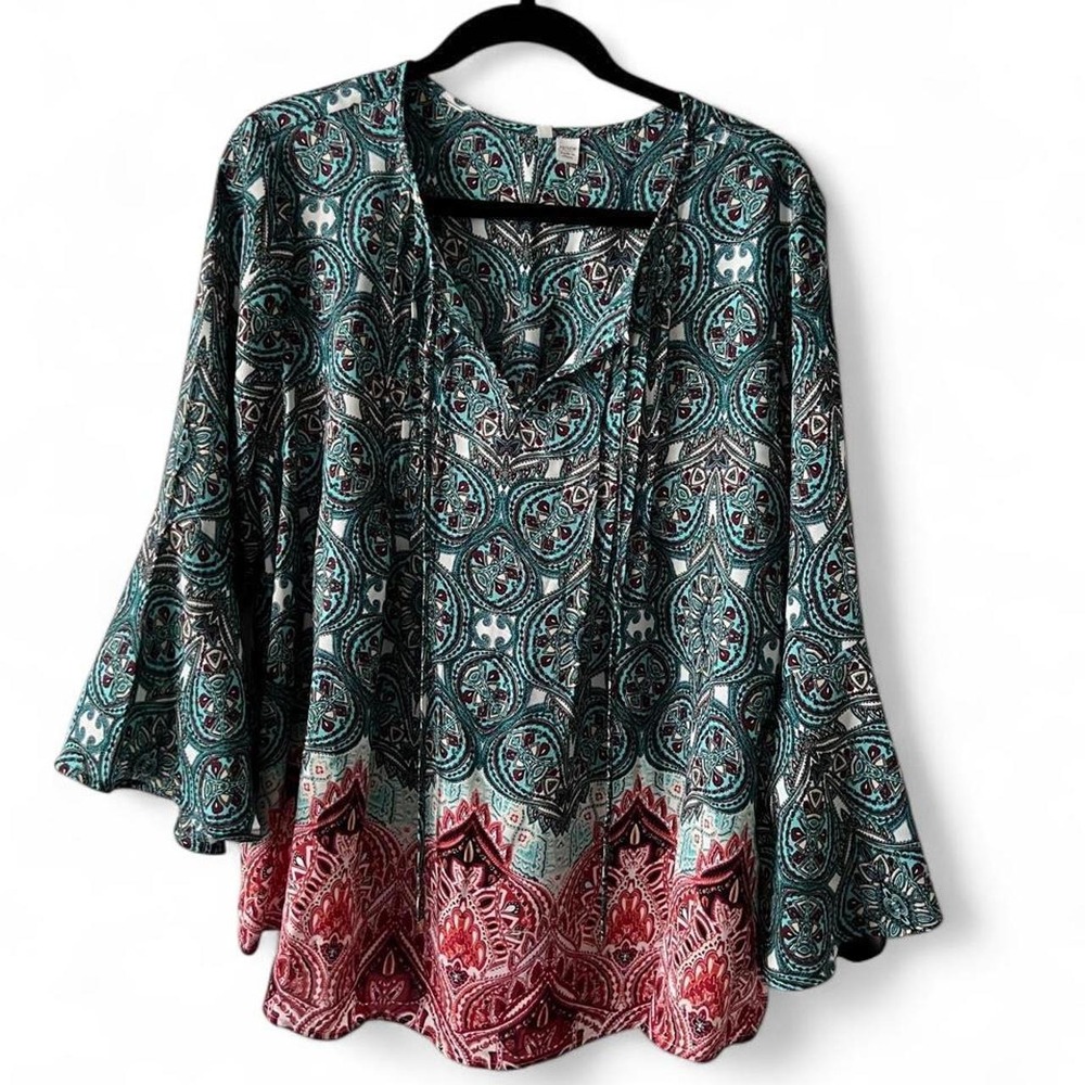 Boho Peasant Style Blouse Bell Sleeves Women's XL Red and Turquoise Paisley